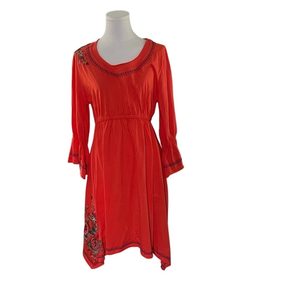 Urban Mango Coral Embroidered‎ Boho Midi Dress L Cotton Handkerchief Hem NWT